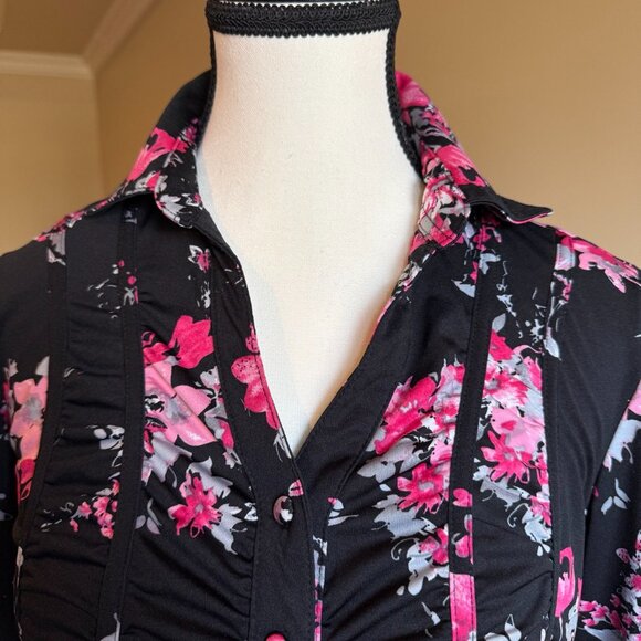 Denver Hayes black button down shirt pink flowers, ruching along button … - Picture 3 of 10